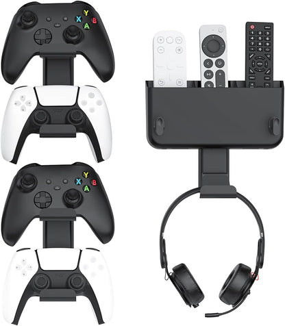 Controller & Headset & Remote Holder Wall Mount with No Drill, 2 Packs Gaming 4 Controllers Hanger Hook Mount for PS5/PS4/XBOX/Switch, Headphone Stand & Remote Control Holer Wall Shelf with Adhesives