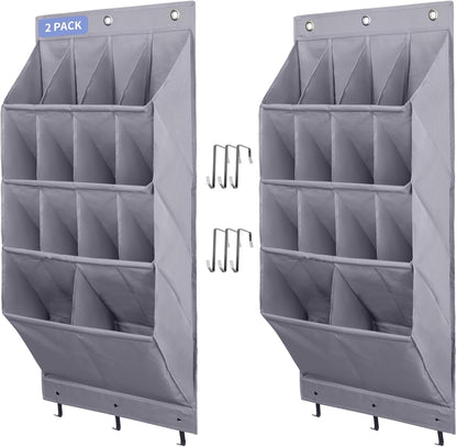 FENTEC 2 Pack Over the Door Shoe Organizer, Hanging Shoe Organizer Rack,24 Large Pockets and 4 Larger Storage Various Compartments with 6 Hooks, Home Accessories, Grey