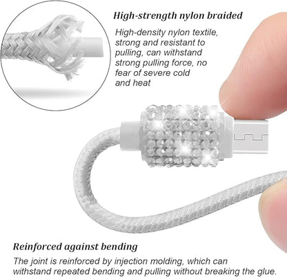 Bling Dual USB Car Charger with 3-in-1 Multi Fast Charging Cable, Dual Port Charger Adapter with Type C Micro USB Cord for iPhone, Android, Rhinestones Car Interior Accessories for Women(White)