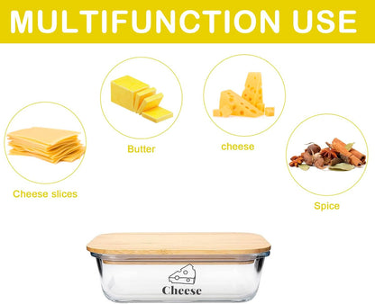 Cheese Container for Refrigerator,Glass cheese slice holder with Wooden Lid&Cheeses Cutter,Lunch Deli Meat Containers for Fridge,BPA-Free Shredded Cream Block Cheeses Storage Box keeper