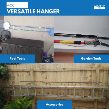 Aquatix Pro Pool Pole Hanger Premium 4pc Aluminium Holder Set, Ideal Hooks for Telescopic Poles, Skimmers, Leaf Rakes, Nets, Brushes, Vacuum Hose, Garden Tools and Swimming Pool Accessories