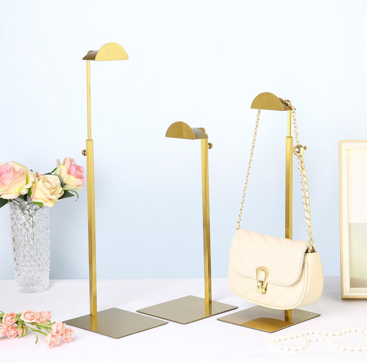 Purse Display Stands, 3 Pack Gold Purse Display Rack Stainless Steel Handbag Display Stand Adjustable Height Bag Stand Holder Anti-fingerprint Hanger Rack for Retail Boutiques Commercial Store