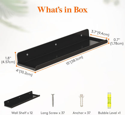 Lifewit Floating Shelves for Wall, 12 Pack Black Acrylic Shelf 15" Room Decor for Bookcase/Vinyl Record Display/Photo/Picture in Bedroom, Living Room, Bathroom, Kitchen Storage and Organization