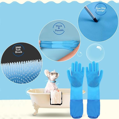 1TO3GO Pet Grooming Gloves Pet Hair Remover Cat, Dog Washing Gloves Silicone Heat Resistant Cleaning Gloves with High-Density Teeth Grooming Gloves for Dogs, Cats, Horses (2 Pairs - Blue & Gray)