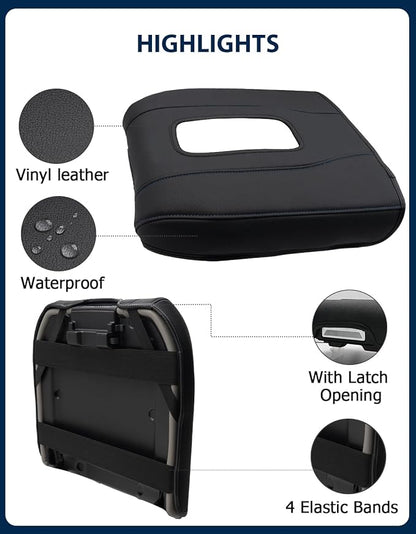 Center Console Armrest Cover for Chevy Silverado 1500 Accessories & GMC Sierra 2019-2026, Yukon & Tahoe & Suburban 2021-2026, Bucket Seat, PU Leather Middle Console Lid Cover Pad, Black-Blue Stitch