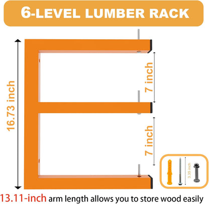 4 Pack Wall-Mounted Lumber Rack, Heavy Duty Wood Storage Racks, 6-Level System Garage Shelving, 1320 LBS Capacity Hanging Organizer Shelves, Orange Brackets Utility Metal Shelf for Indoor and Outdoor