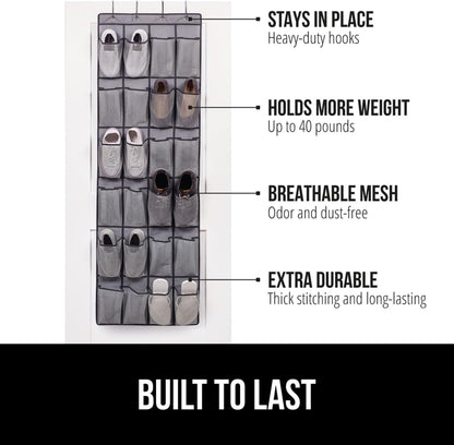 GORILLA GRIP Over the Door Shoe Organizer, 24 Extra Large Breathable Mesh Pockets, Space Saving Hanging Storage Holder, 4 Hook Closet Rack Hanger, Hangs on Closets for Shoes and Accessories, Gray