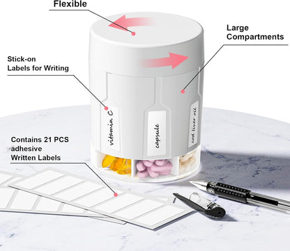 Betife Extra Large Supplement Organizer,Weekly Pill Organizer Bottle, Daily Pill Dispenser with 7 Large Compartments, Organizer to Hold 7 Day Vitamin Medication,21 Labels and a Cleaning Brush（White）
