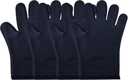 4 Pack Silicone Oven Mitts Ven Gloves with Fingers Pot Holders and Oven Mitts Heat Resistant Kitchen Baking Cooking Barbecue Accessories Black