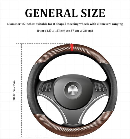 Car Steering Wheel Cover, Steering Wheel Accessories, 15 Inch Microfiber Leather Carbon Fiber Soft Anti-Slip Breathable, Car Accessories Elastic Non-Slip Cover for Most Vehicles (Coffee)