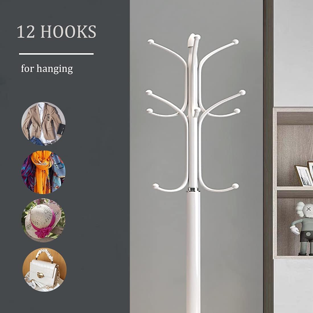 Kertnic Metal Coat Rack Stand with Natural Marble Base, Free Standing Hall Tree with 12 Hooks for Hanging Scarf, Bag, Jacket, Home Entry-way Hat Hanger Organizer (White)