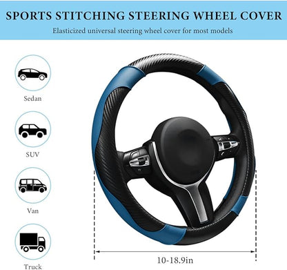 Car Steering Wheel Cover, 15 Inch Anti-Slip Stretch Leather Steering Wheel Protector, Comfortable Breathable Sporty Steering Wheel Cover for Women Men, Car Accessories (Black & Blue)