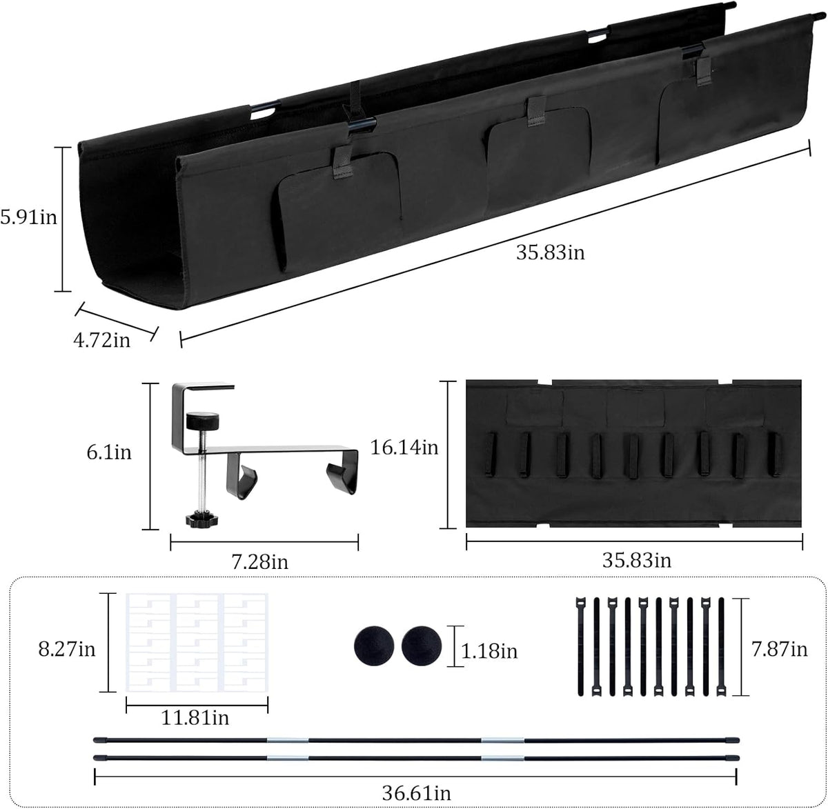 No Drill Under Desk Cable Management Tray, 35.8 Standing Desk Cable Management with Clamp Mount Cable Holder, Fabric Wire Cord Organizer for Office Home Workstations, Black