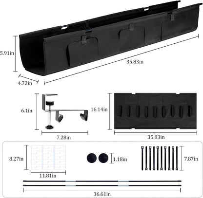 No Drill Under Desk Cable Management Tray, 35.8 Standing Desk Cable Management with Clamp Mount Cable Holder, Fabric Wire Cord Organizer for Office Home Workstations, Black