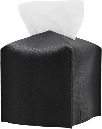 Hapforever 1PC Square Tissue Box Cover, PU Leather Square Tissue Box Holder with Bottom Belt Modern Tissue Box Organizer for Bathroom/Car/Hotel/Office (5.25”x5.25”x5”, Black)