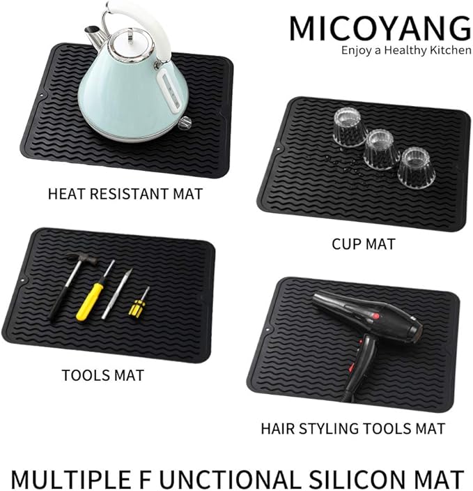 Silicone Dish Drying Mat for Multiple Usage,Easy clean,Eco-friendly,Heat-resistant Silicone Mat for Kitchen Counter or Sink,Refrigerator or drawer liner Black L 16 inches x 12 inches