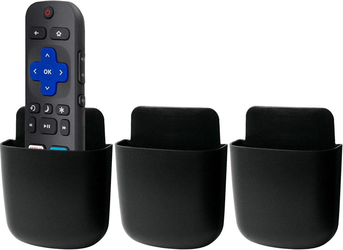 3 Pcs Remote Control Holder Wall Mount Self Adhesive Remote Case Hole-Free Storage Organizer Wall Pencil Holder Phone Charging for Home Office School(Black)
