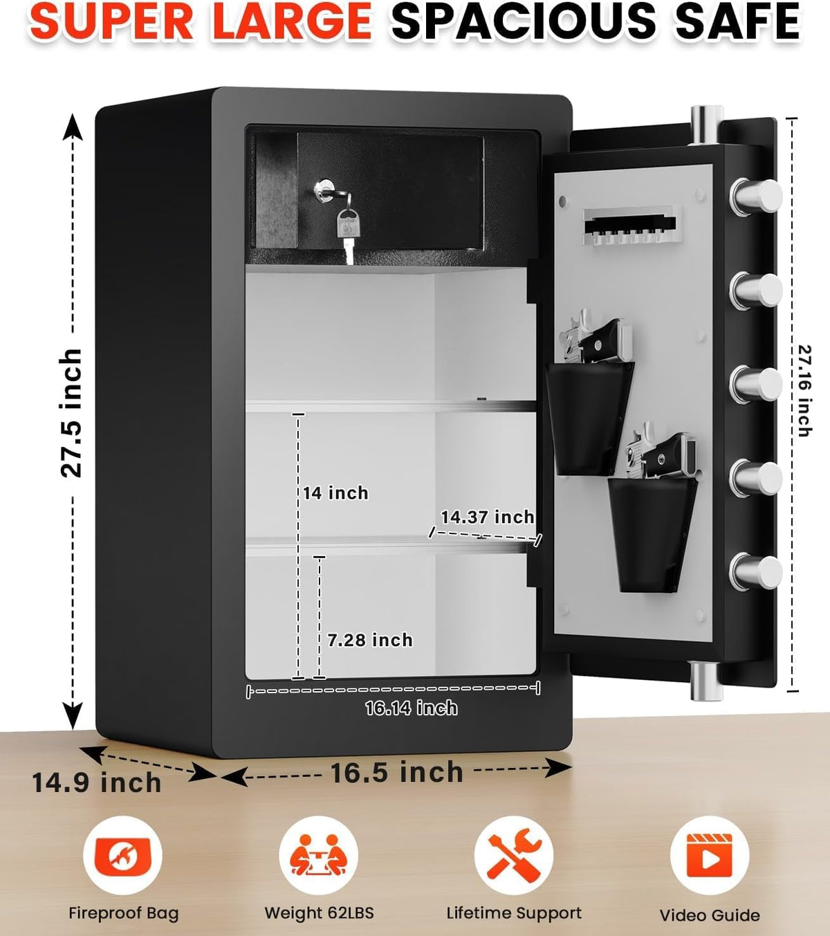 27.56 Inches Tall Heavy Duty Biometric Safe Box with Fireproof Waterproof Bag, 4.0 Cuft Large Document Storage Anti-Theft Dual Alerts, Mute Mode, Digital Security for Business