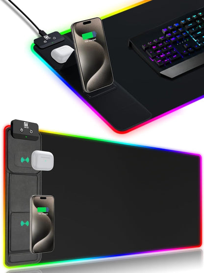 XXL Mouse Pad with Phone Holder - Black, RGB Desk Mat with 15W Fast Charging, LED Gaming Mousepad with 11 Light Colors, Waterproof Non-Slip Pad for Office & Home