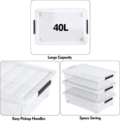 40 L Under Bed Plastic Storage Bins with Lids, Clear Underbed Storage Bin, 3 Pack