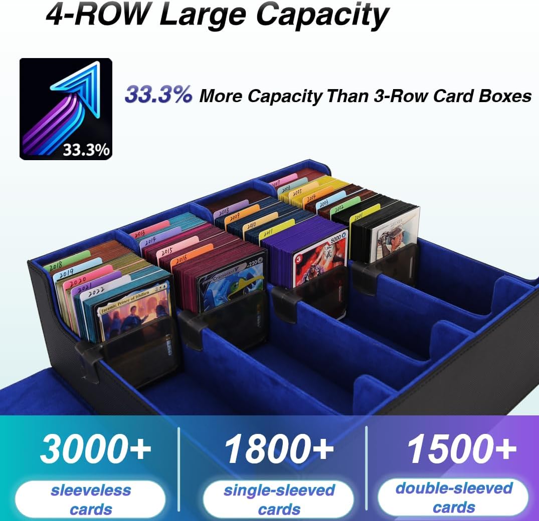 Venssu Card Storage Box For Trading Cards With Dedicated Card Supporters,3000+ Mtg Deck Box With 24 Colorful Divider Tabs,Trading Card Storage Fits For Magic Game Cards (Black and Blue)