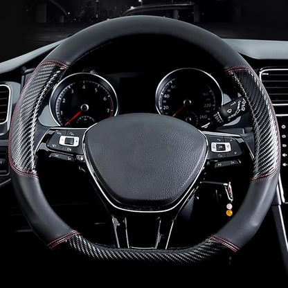 Car Carbon Fiber and Leather D-Shape Steering Wheel Cover, Stylish car Non-Slip Leather car Interior 15 inches Universal Black and Red