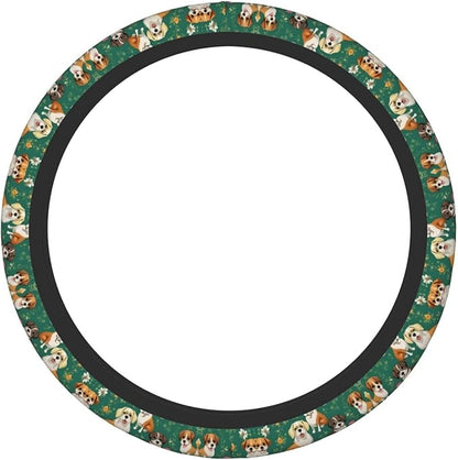Dogs Flower Pattern Car Steering Wheel Cover, 15 Inch Steering Wheel Cover Stylish Decor for Most Cars