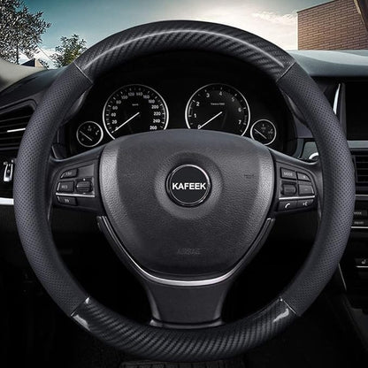 KAFEEK 16 inch Classic Carbon Fiber Steering Wheel Cover Compatible with F150 F250 F350 Ram 4Runner Tacoma Tundra Range Rover, Breathable Microfiber Leather, Black