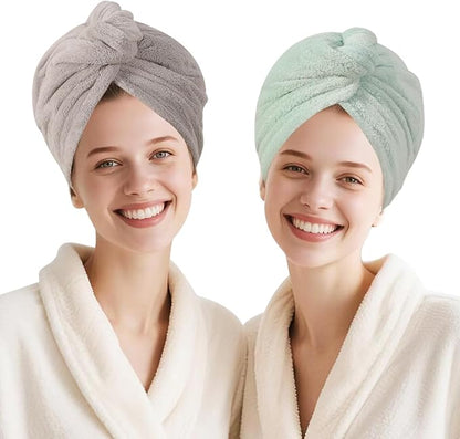 AGKXHDEC 2 Packs Single Layer Microfiber Hair Turbans - Drying Wrap for Women (Gray,Light Green)