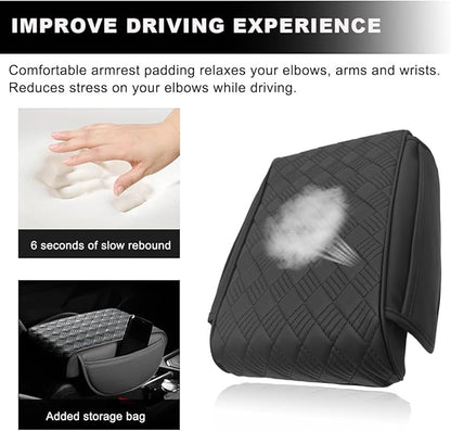 Car Center Console Cover, 12.6"×8.7" Waterproof Leather Auto Armrest Box Protector Elbow Pillow with Storage Pocket, Comfortable Memory Foam Arm Rest Box Cushion Pad, Car Accessories (Black)