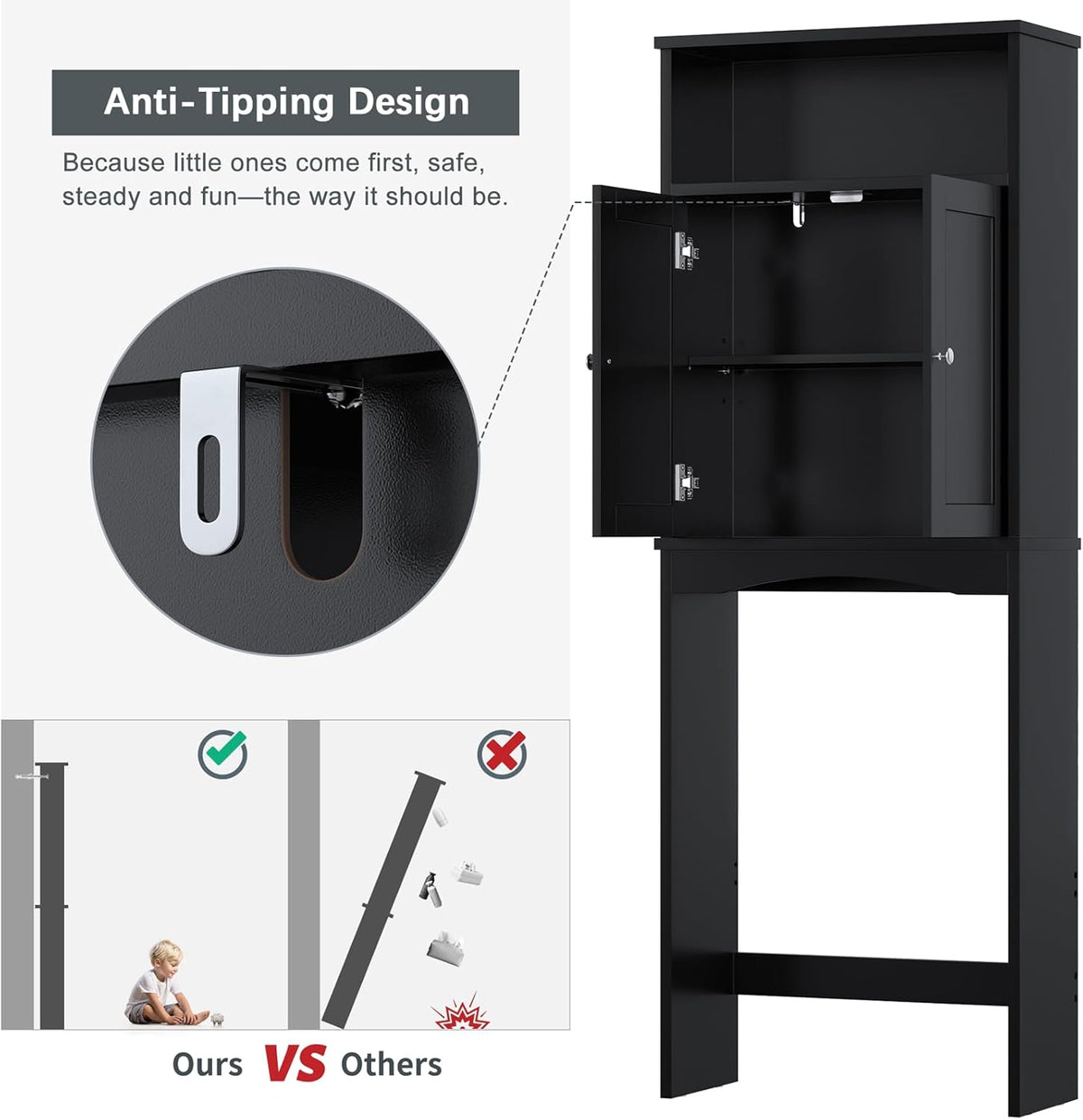 Over The Toilet Storage Cabinet, Over The Toilet Cabinet for Bathroom with Inner Adjustable Shelf and Top Open Storage Above Toilet Cabinet Behind The Toilet Bathroom Organizer, Black