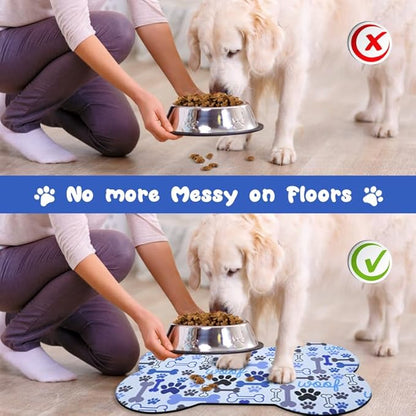 Dog Food Mats for Floors Waterproof, Pet Feeding Absorbent Water Bowl Mat Cat Placemats Blue Bone Shape 23.6 * 15.7 inch