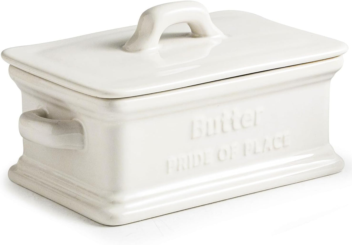 Butter Dish with Lid, Ceramic Butter Dish for Countertop Butter Holder Container Large Butter Keeper for East West Coast Butter, Thanksgiving, Christmas, White