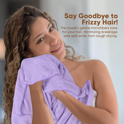 HOMEXCEL 5 Pack Microfiber Hair Towels - 40 x 20 inches Super Soft, Fast Drying Turbans for Long, Thick, Curly Hair - Anti Frizz Wrap with Elastic Strap, Purple/Blue/Grey