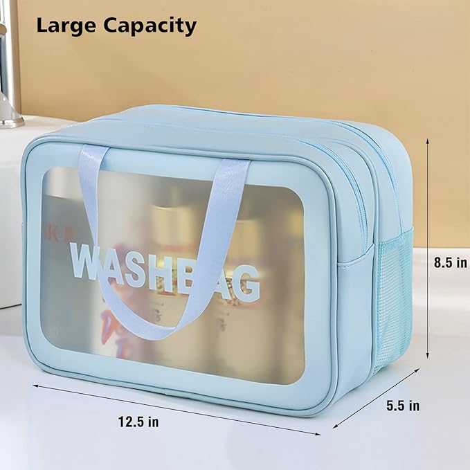 DAPOWER Travel Toiletry Bag for Women, Matte Translucent Toiletry Bag with Handy Handle, Makeup Cosmetic Organizer Bag for Travel Toiletries Accessories (Blue-XL)