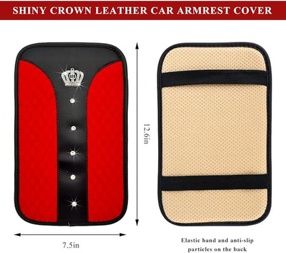 Bling Leather Car Center Console Cover, Anti-Slip Crown Armrest Seat Box Cushion Pad with Rhinestones, Waterproof Crystal Arm Rest Protector Interior Decor for Most Vehicles (Red)