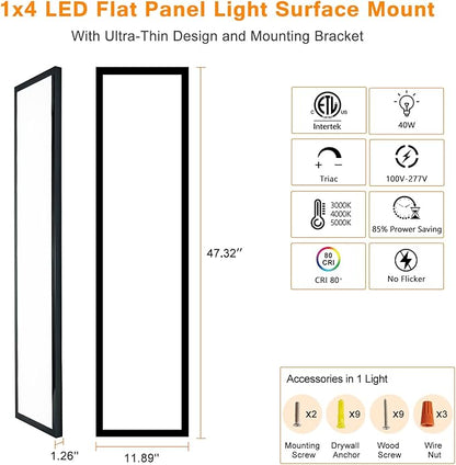 Mcacggo Black 1x4 LED Flat Panel Light Surface Mount, 5000K-4000K-3000K