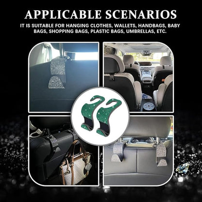 2PCS Car Seat Hooks, Purse Hook for Car, Crystal Rhinestone Vehicle Backseat Purse Holder, Auto Accessories Diamond Auto Seatback Storage Organizer Hanger for Handbag Clothes Purse (Green)
