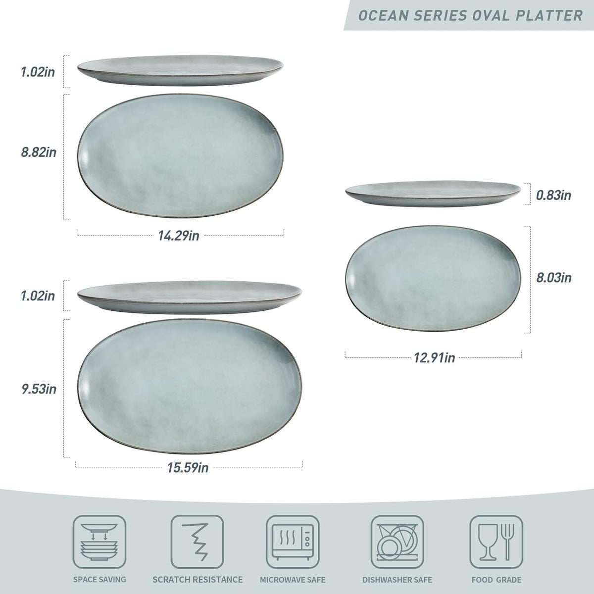 famiware Serving Platter, Oval 15.59/14.3/12.9inch Serving Dishes for Entertaining, Serving Bowls, Reactive Glaze, Stoneware Serving Trays for Party, Food, Turkey, Cheese, Ocean Series, Grey