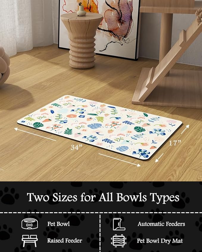 Pet Feeding Mat-Absorbent Dog Mat for Food and Water Bowl-No Stains Quick Dry Water Dispenser Mat-Dog Accessories Pet Supplies-Bowl for Messy Drinkers（LIGHTFLOWERS,17"x34"