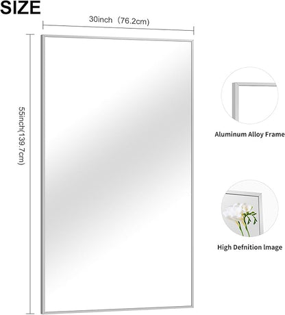 30x55In Silver Bathroom Mirror for Wall, Brushed Nickel Rectangle Mirrors