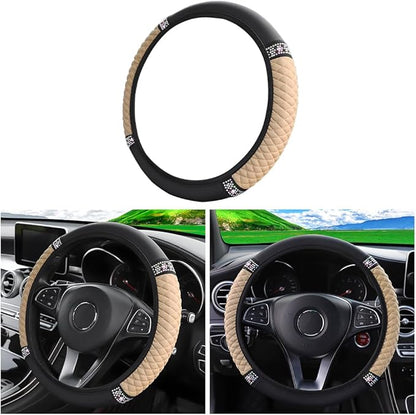 Leather Car Steering Wheel Cover, 15 Inch Colorful Rhinestones Elastic Auto Steering Wheel Protector, Bling Steering Wheel Cover for Women Men, Car Accessories for Cars, Vehicles, SUVs (Beige)