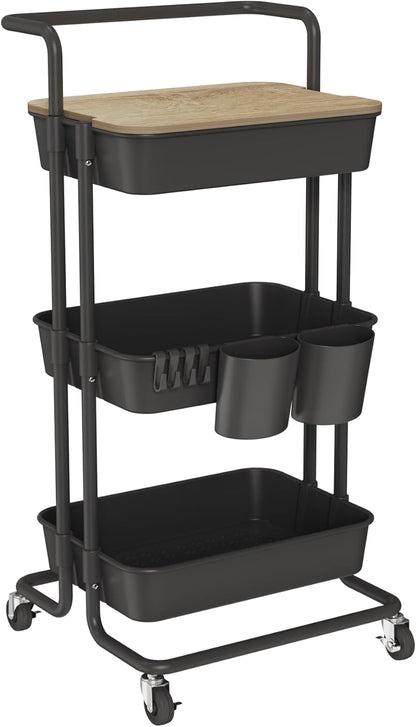 DTK 3 Tier Rolling Cart Uility Cart with Cover Board, Mobile Storage Cart with Wheels, Cups, Hooks for Office Utility Kitchen Bathroom Homeschool Art Craft Postpartum Teacher Cart Organizer(Black)