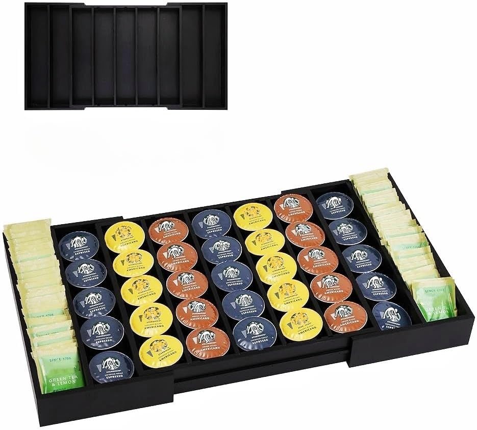 K Cup Holder Bamboo Coffee Pod Holder Drawer Organizer, Expandable K Cup Pod Storage Tea Bag Storage for Coffee Station Home Office and Kitchen （Black)