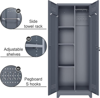 Broom Closet Storage Cabinet, Steel Locking Cabinet with Hanging Rod, 65" Cleaning Storage with Doors and Hooks, Tall Broom Tool Cabinets for Office, Garage