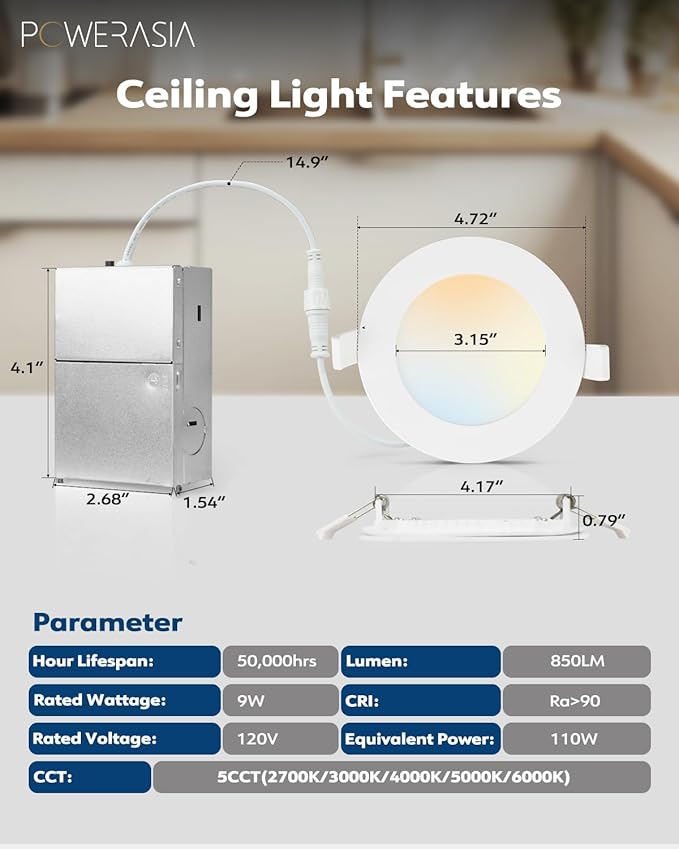 POWERASIA 12 Pack 4 Inch Ultra-Thin LED Recessed Ceiling Light