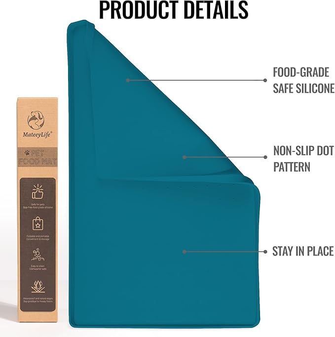 MateeyLife Dog & Cat Food Water Mat for Floors Waterproof, Nonslip Pets Bowl Feeding Mats with Raised Edges, Silicone Matt Tray for Messy Drinkers, 22"x14", Teal