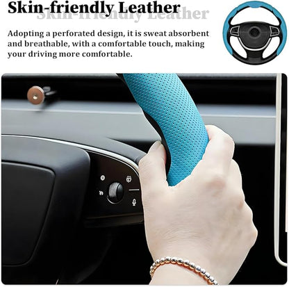 3PCS Car Steering Wheel Cover, Nappa Leather Breathable Non-Slip Segmented Steering Wheel Protector, Snap-on Auto Interior Decoration Accessories, Universal Fit (Blue)