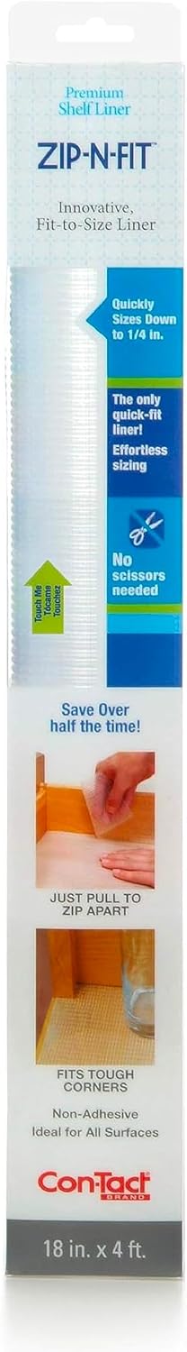 Con-Tact Brand Non-Adhesive Zip-N-Fit Drawer Liner, Solid Grip And Non-Slip Shelf Liner, Suitable To Use In Home, Office, Garage, And More, 18" x 4', Ribbed Clear, Pack of 1