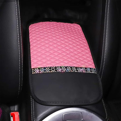 Bling Leather Car Center Console Cover, Car Center Console Protector With Glossy Crystal Rhinestone, Universal Waterproof Car Armrest Seat Box Cover For Most Car, Vehicles, SUVs, Trucks (Pink)